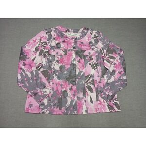 D & Co XL Floral Print Denim Jacket Women Pink Gray White Jean Jacket